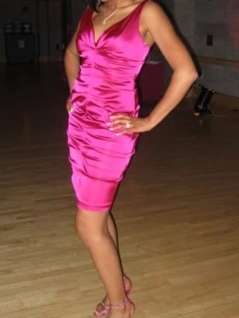 Xscape Hot Pink Satin Ruched V-Neck Mini Dress
